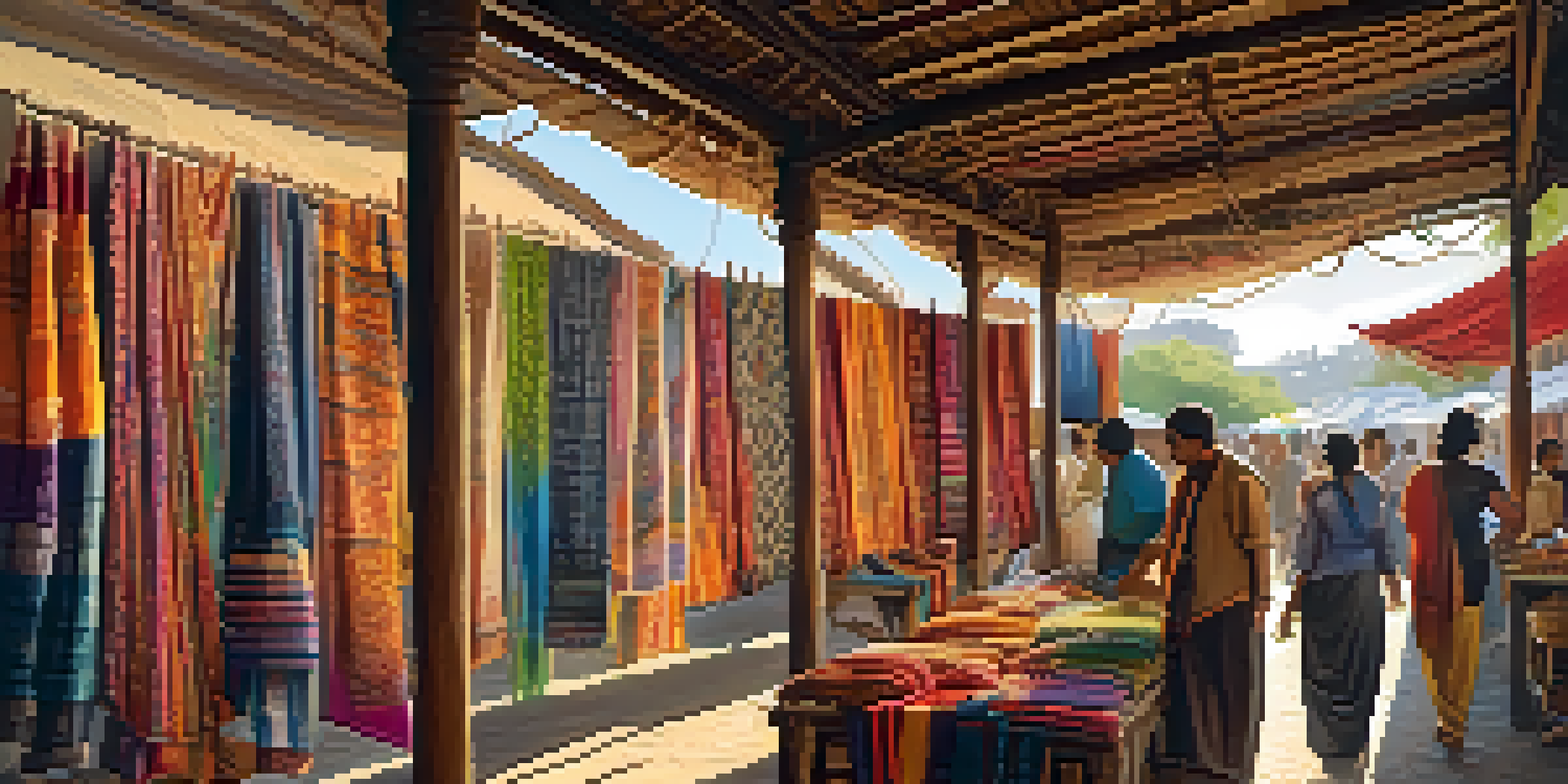 A lively artisan market with colorful handmade fabrics displayed on stalls, artisans interacting with customers under warm sunlight.