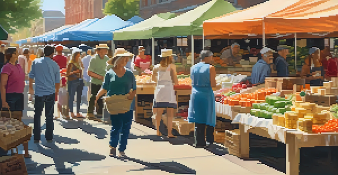 A lively local food market filled with colorful stalls of fresh produce and smiling vendors.