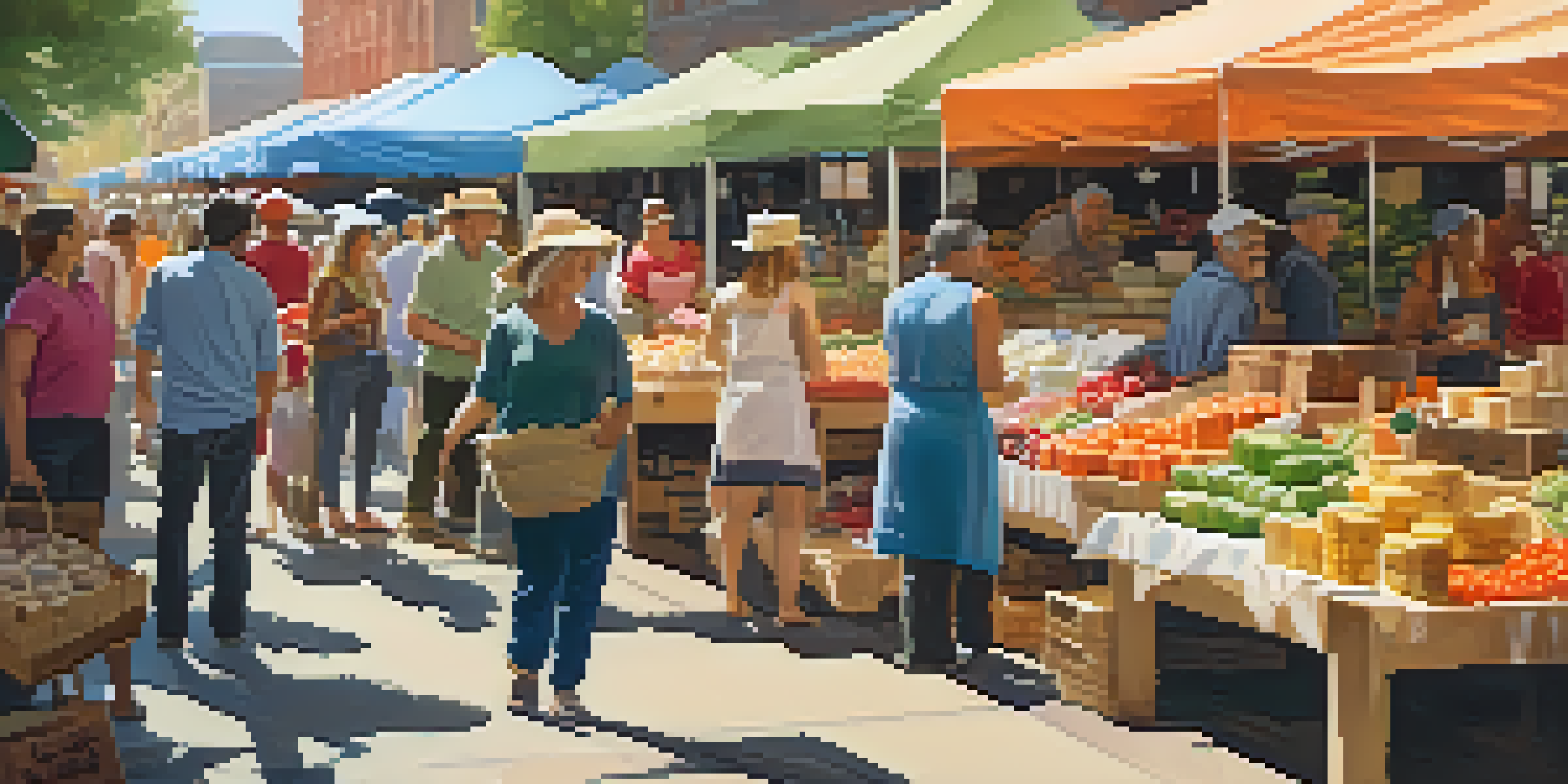 A lively local food market filled with colorful stalls of fresh produce and smiling vendors.