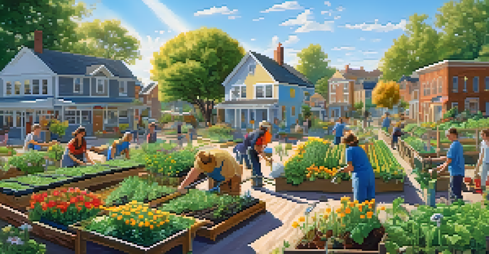 A lively community garden with diverse people planting and tending to flowers and vegetables under a sunny sky.