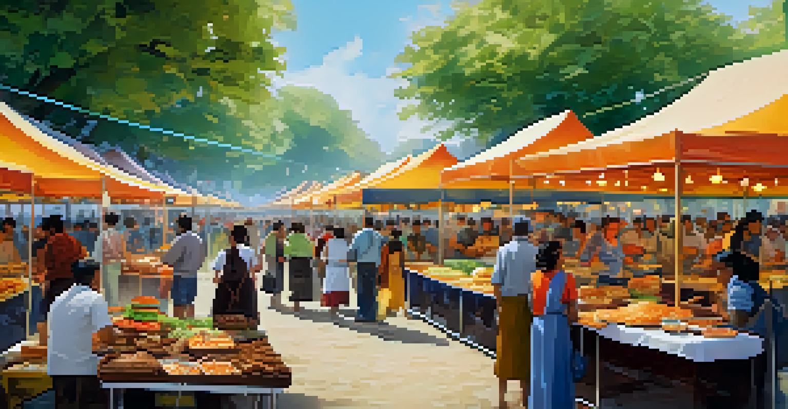 A food festival with people enjoying different regional dishes at various food stalls.