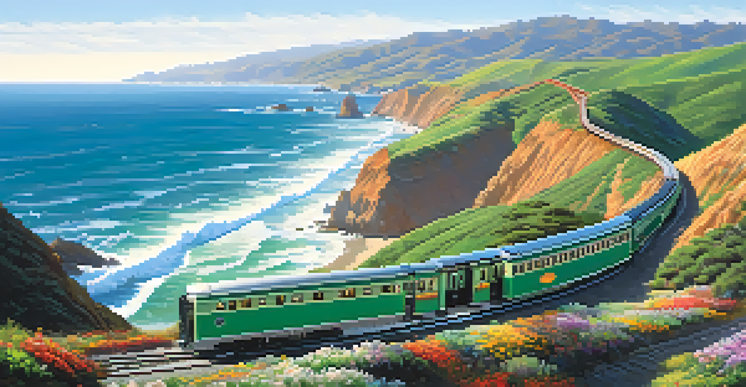A train journeying along the California coastline with the Pacific Ocean in the background, and passengers enjoying the view from the observation car.