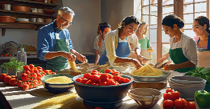 A diverse group of people in an Italian cooking class, making fresh pasta with colorful ingredients on a wooden table, illuminated by warm sunlight.