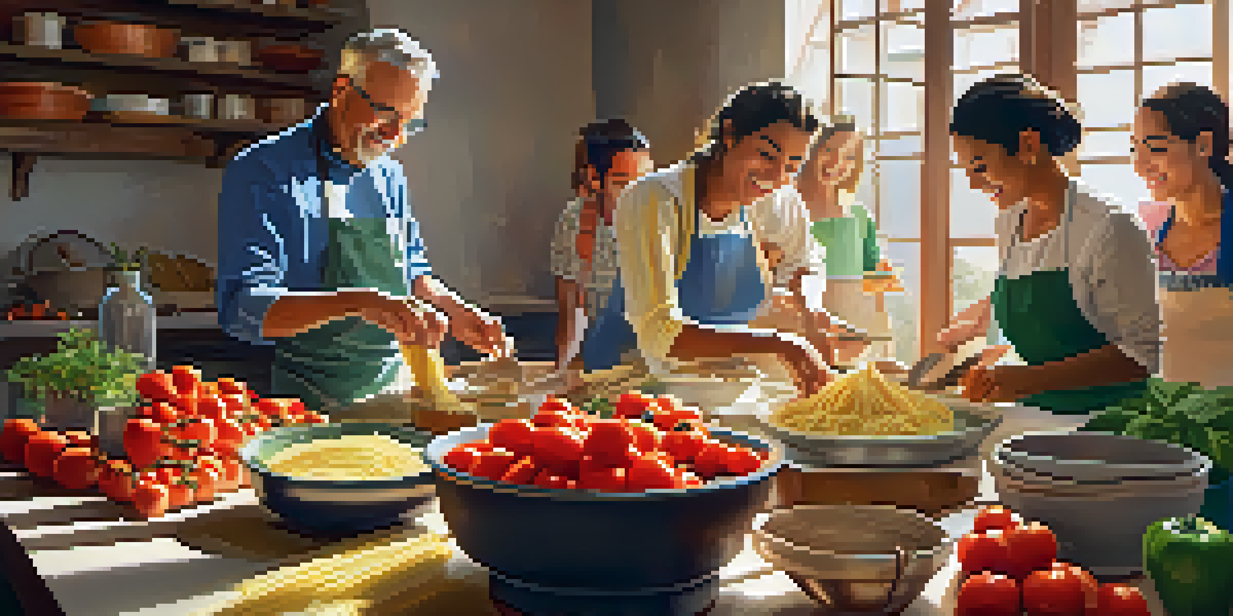 A diverse group of people in an Italian cooking class, making fresh pasta with colorful ingredients on a wooden table, illuminated by warm sunlight.