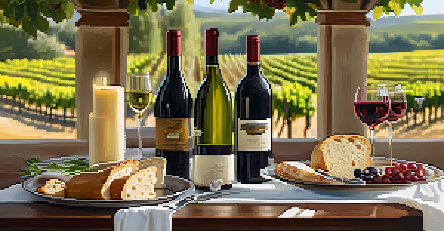 A beautiful table set for wine tasting in Tuscany, featuring rustic bread, olives, cheese, and wine glasses surrounded by vineyards.