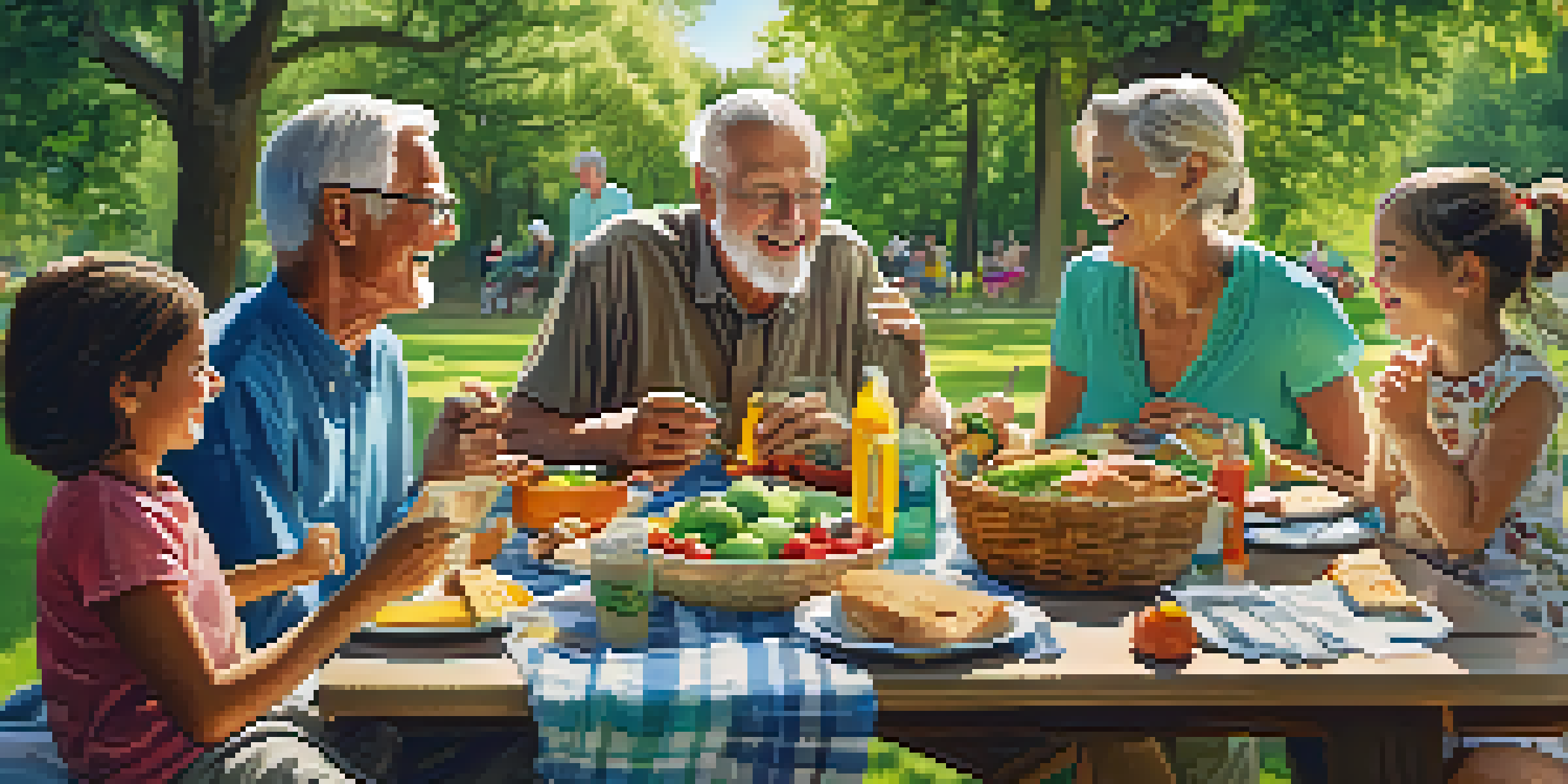 A multi-generational family enjoying a picnic in a park, sharing food and laughter together.
