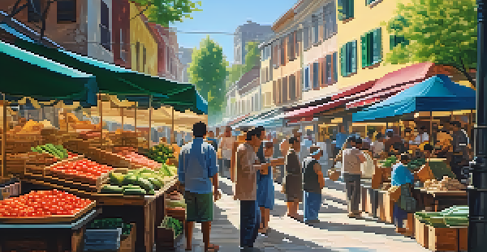 A lively local market in an urban area featuring colorful stalls with handmade crafts and fresh produce, with people engaging in friendly interactions.