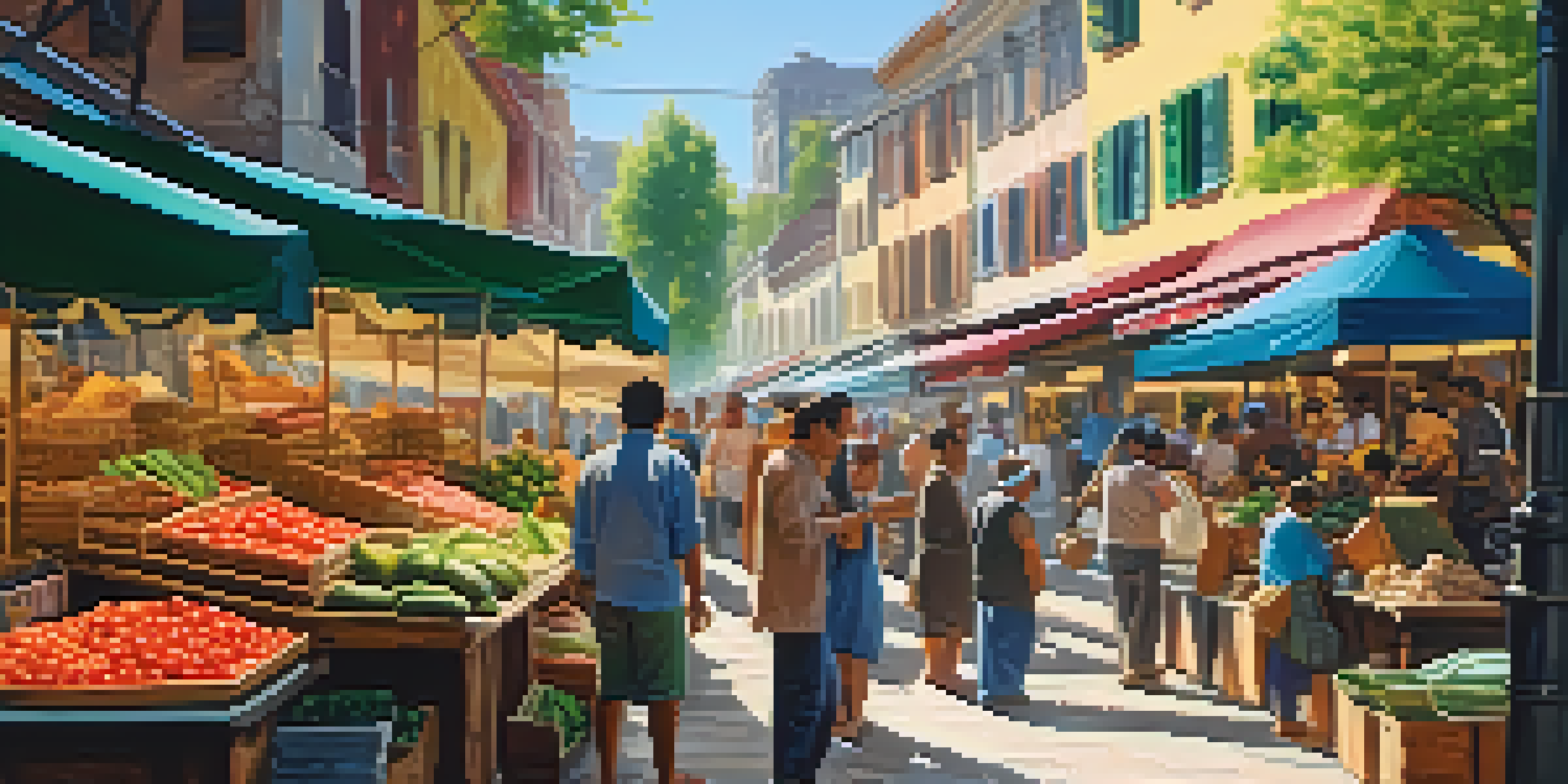 A lively local market in an urban area featuring colorful stalls with handmade crafts and fresh produce, with people engaging in friendly interactions.