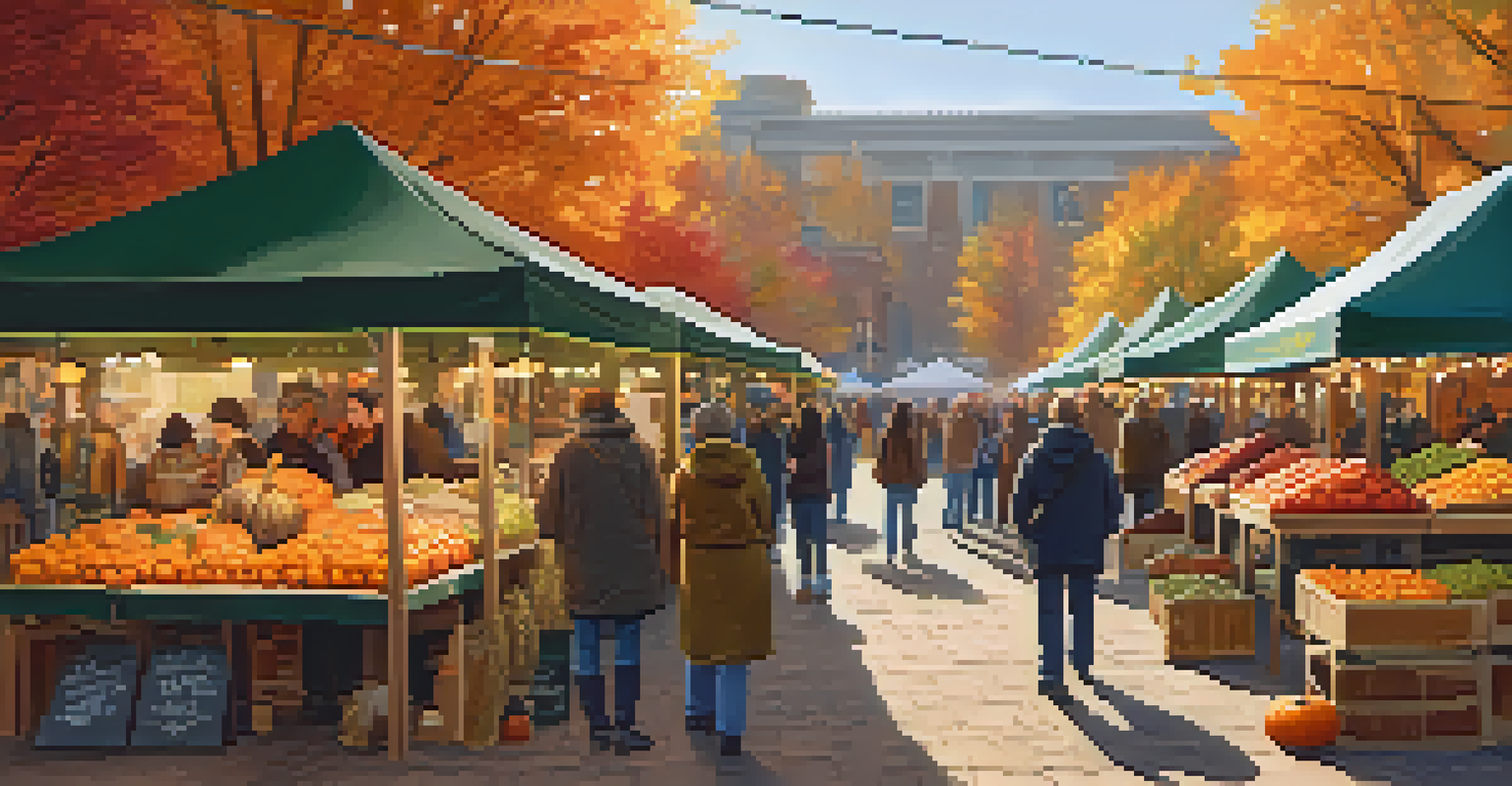 An autumn artisan market with stalls of pumpkins and apples, surrounded by colorful fall leaves and string lights.