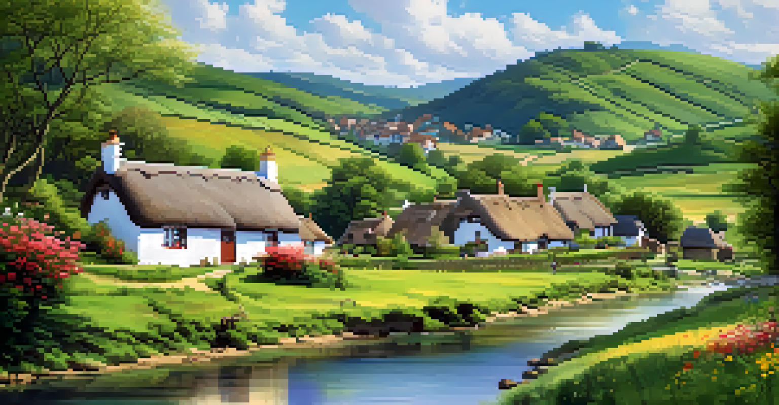 A picturesque rural village with green hills, blooming wildflowers, traditional cottages, and a clear blue sky.