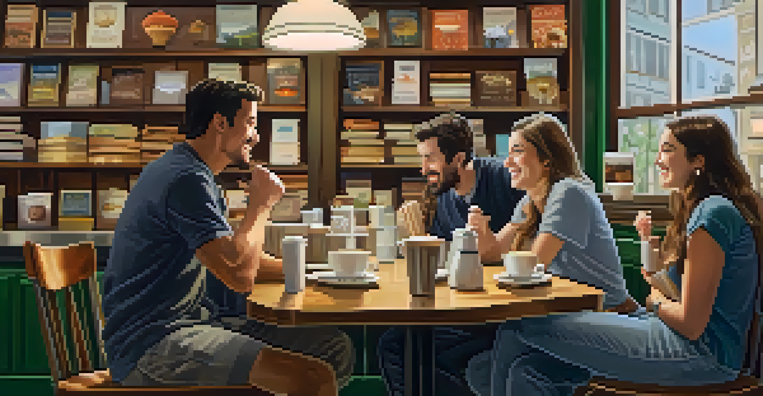 Friends sitting in a cozy coffee shop, sharing stories and laughing after a scavenger hunt, with coffee and pastries on the table.