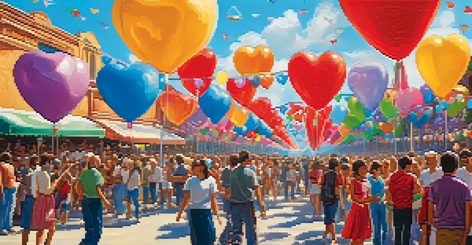A lively community festival celebrating love, featuring colorful decorations, food stalls, and a parade with heart-shaped balloons.