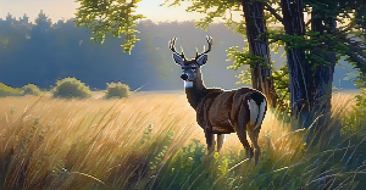 A deer grazing in a sunlit meadow filled with tall grass and wildflowers.