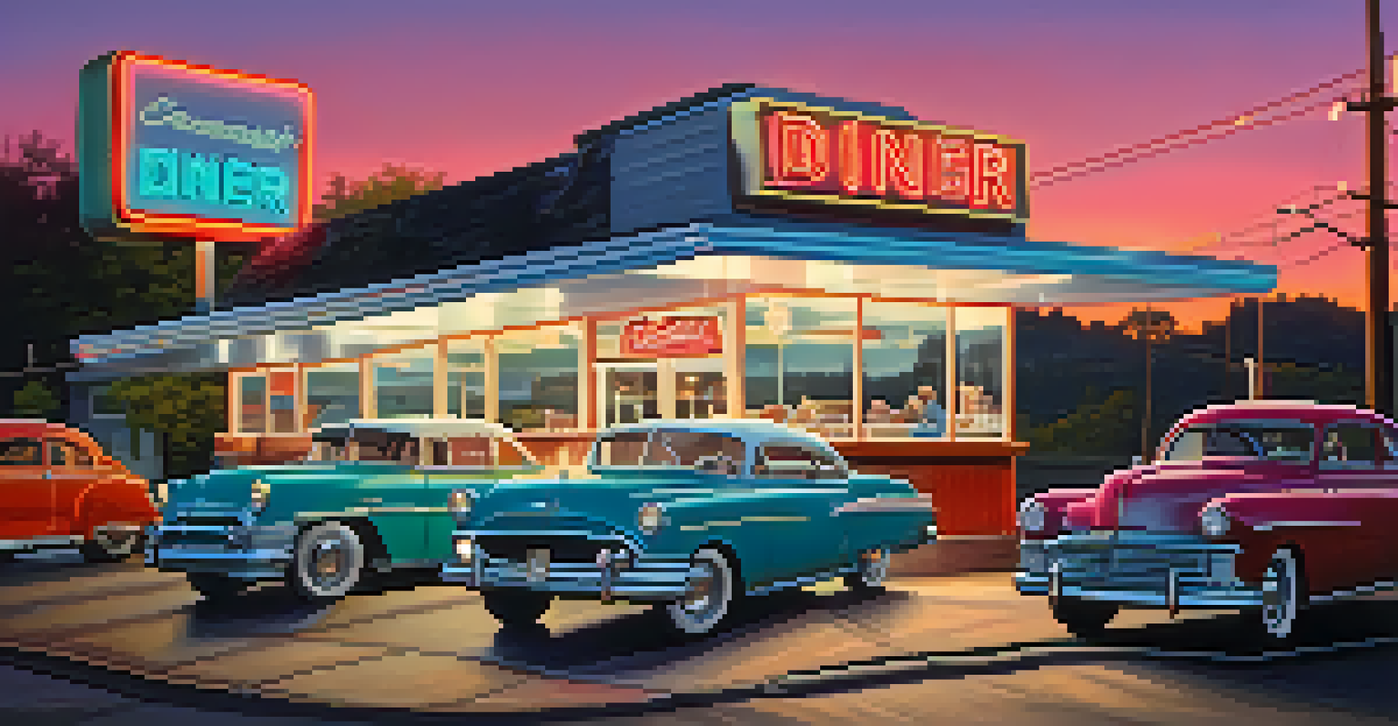 A nostalgic roadside diner with neon lights, featuring a couple dining outside amidst vintage cars and a dusky sky.