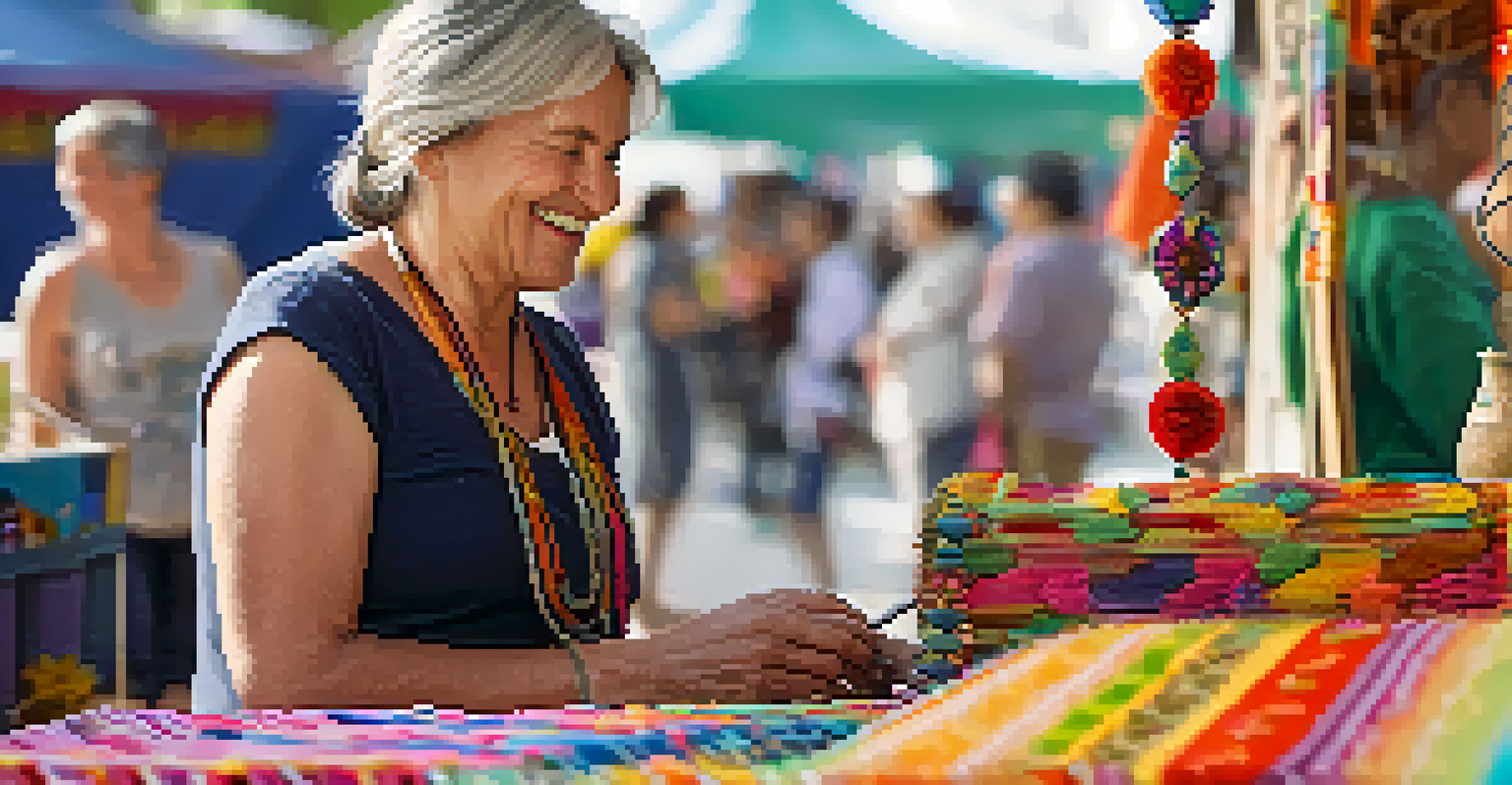 A local artisan smiling while showcasing handmade crafts at an outdoor festival, with colorful decorations in the background.