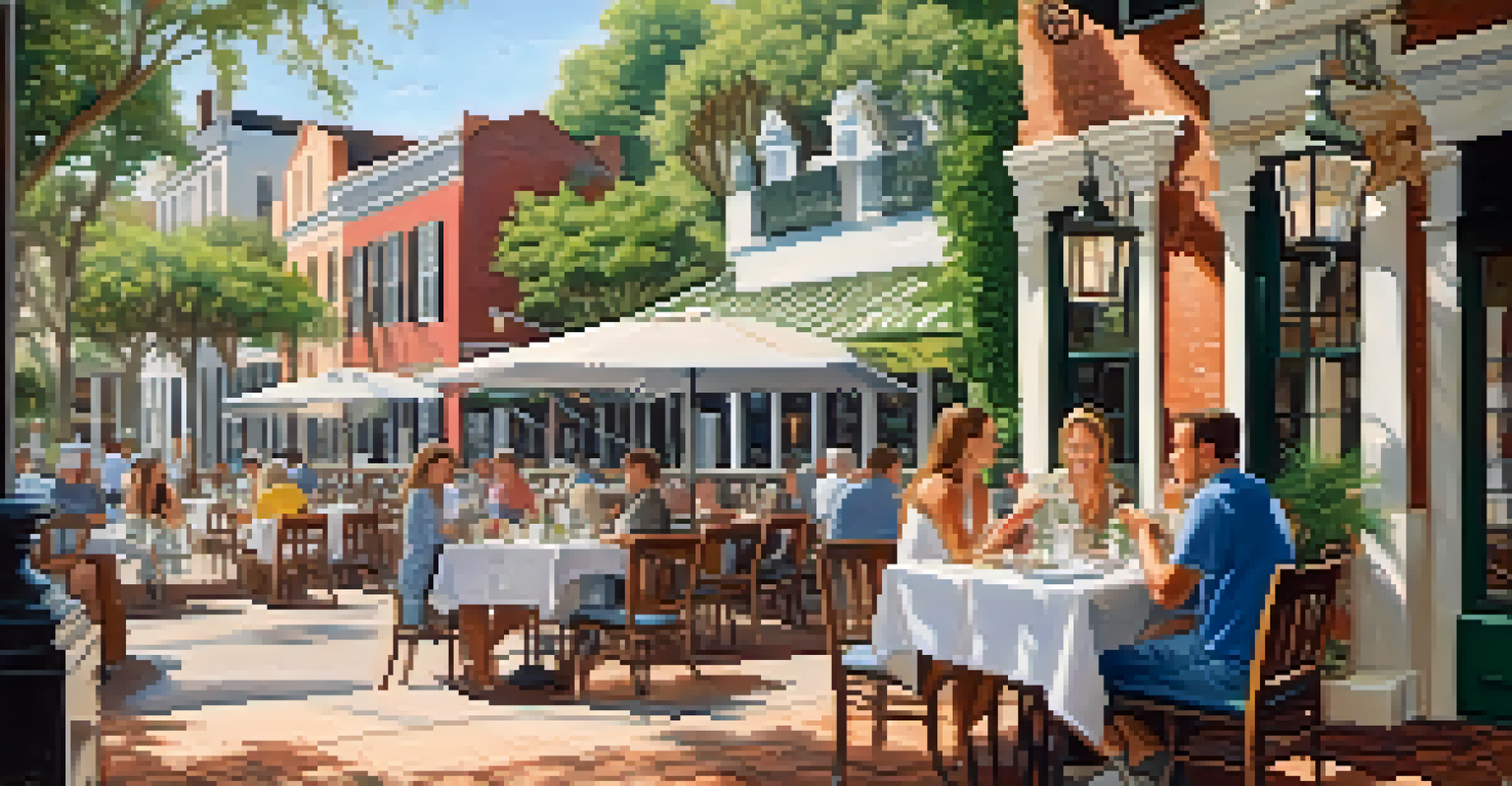 A cozy cafe setting in Charleston with diners enjoying Southern dishes like shrimp and grits, featuring lush plants and historic buildings.