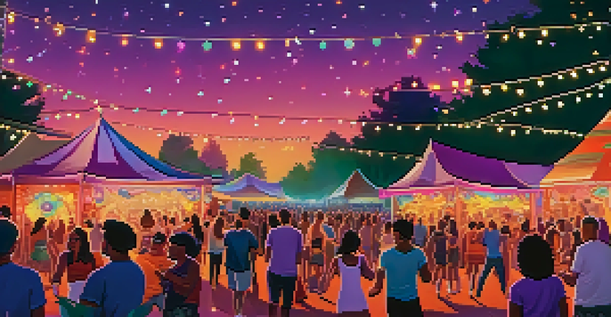 A lively outdoor music festival with people dancing, colorful lights on stage, surrounded by trees and food trucks, under a twilight sky.