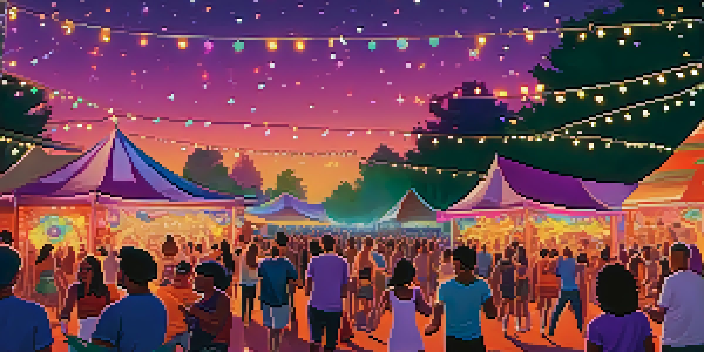 A lively outdoor music festival with people dancing, colorful lights on stage, surrounded by trees and food trucks, under a twilight sky.
