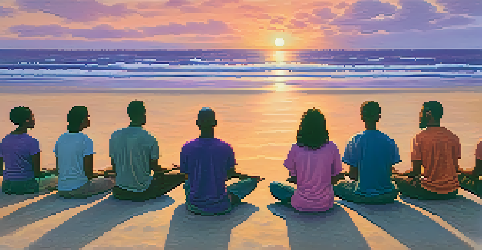A group of people meditating together on a beach during sunset, with vibrant colors in the sky and a calm ocean in the background.