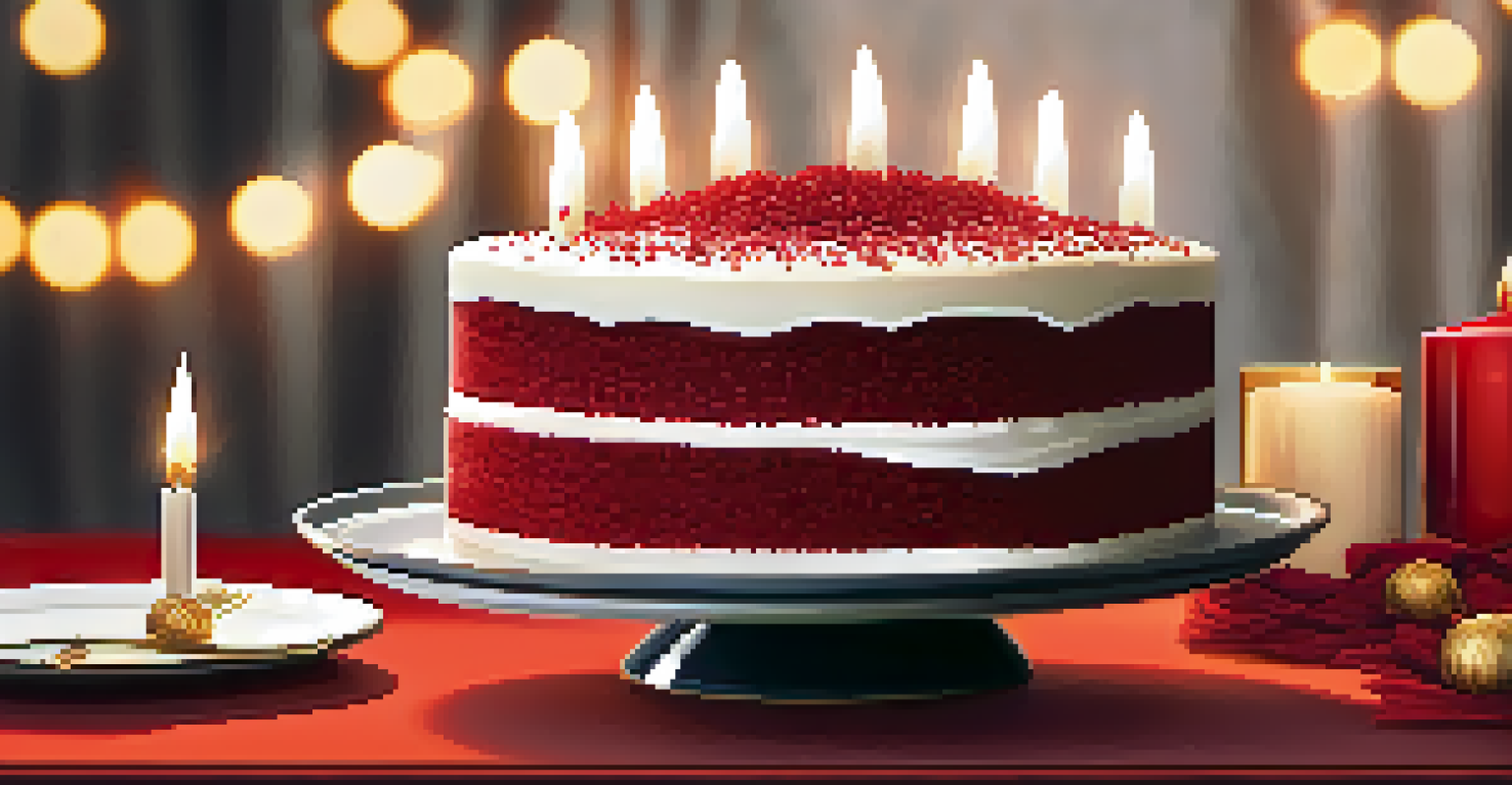A red velvet cake with cream cheese frosting, elegantly sliced with candles on top, set for a celebration.