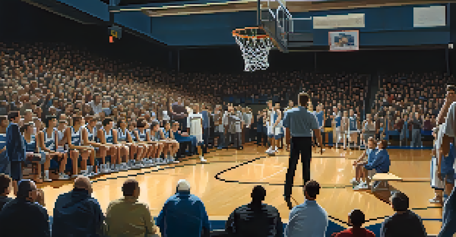 A high school basketball coach motivating players during a game in a crowded gym.