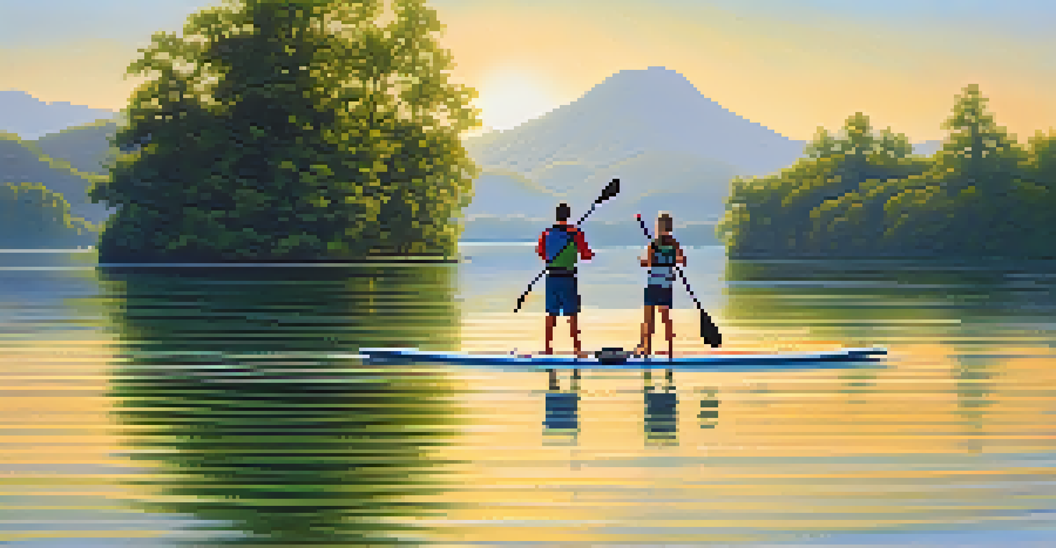 Paddleboarders racing on a calm lake surrounded by trees and mountains in the early morning light.