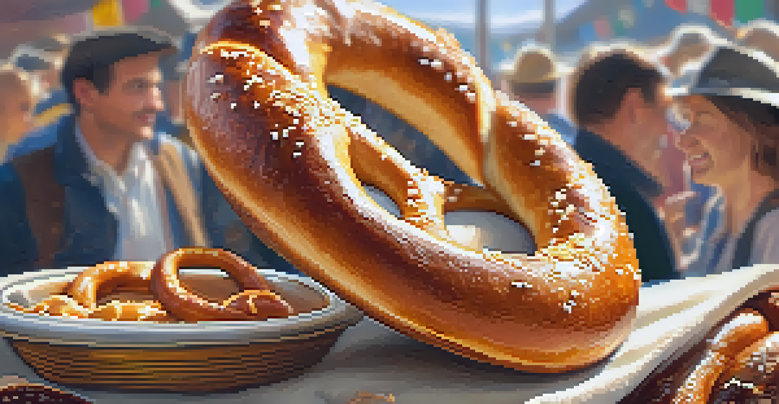 A close-up of a golden-brown pretzel being held by a person at Oktoberfest, with a beer stein in the background.