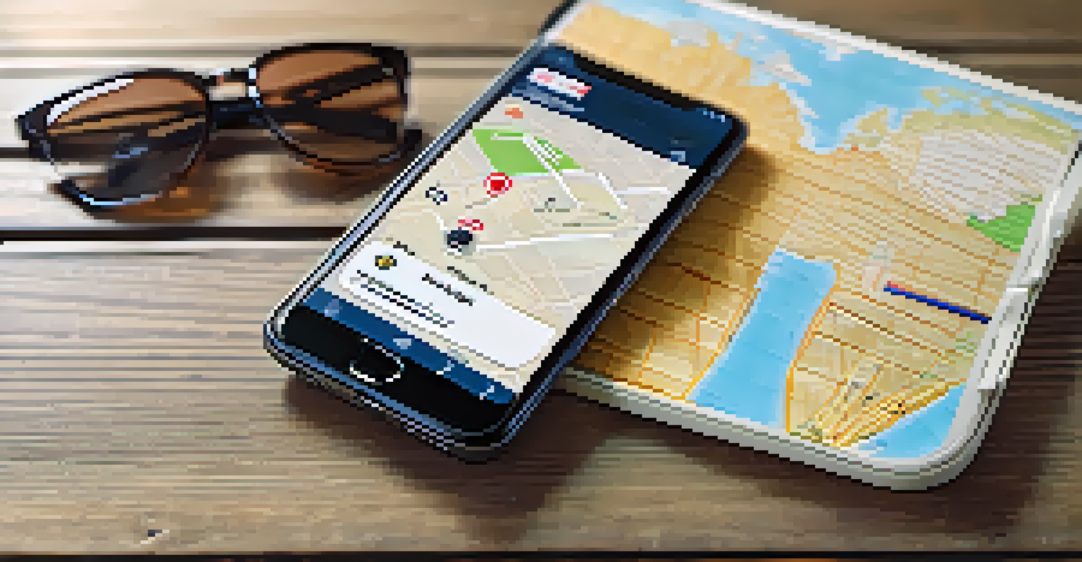 A smartphone showing a luggage tracking app with travel items around it on a wooden table.