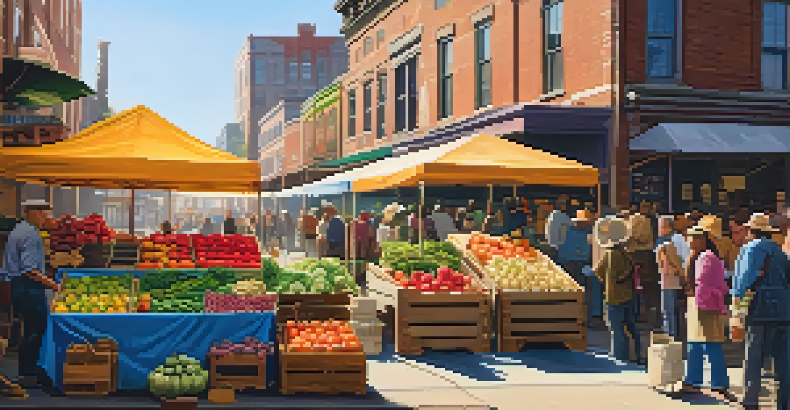 A bustling urban farm market stall filled with colorful fruits and vegetables, with shoppers interacting with local farmers under soft afternoon light.