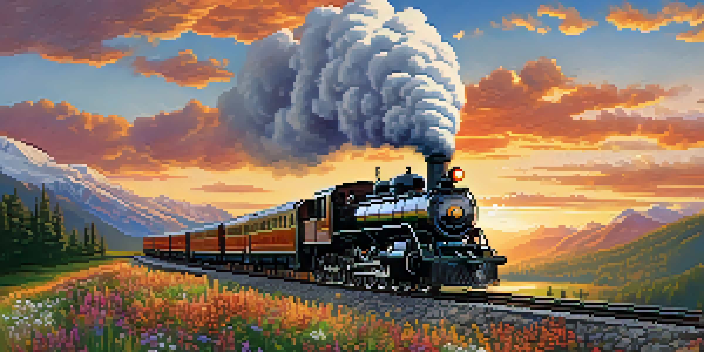 A vintage steam locomotive traveling through the Rocky Mountains during sunset, with snow-capped peaks and colorful wildflowers in the foreground.