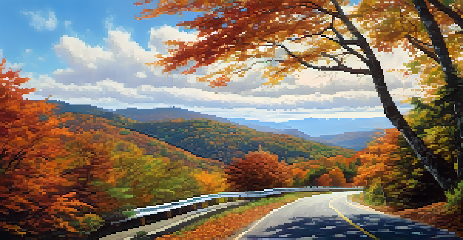 Autumn landscape of the Blue Ridge Parkway with colorful trees and rolling hills under a blue sky.
