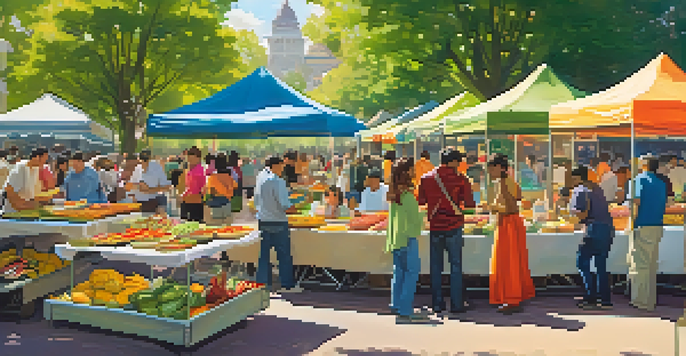 A lively outdoor food festival with diverse food stalls, people sampling dishes, and enjoying music in a sunny park.