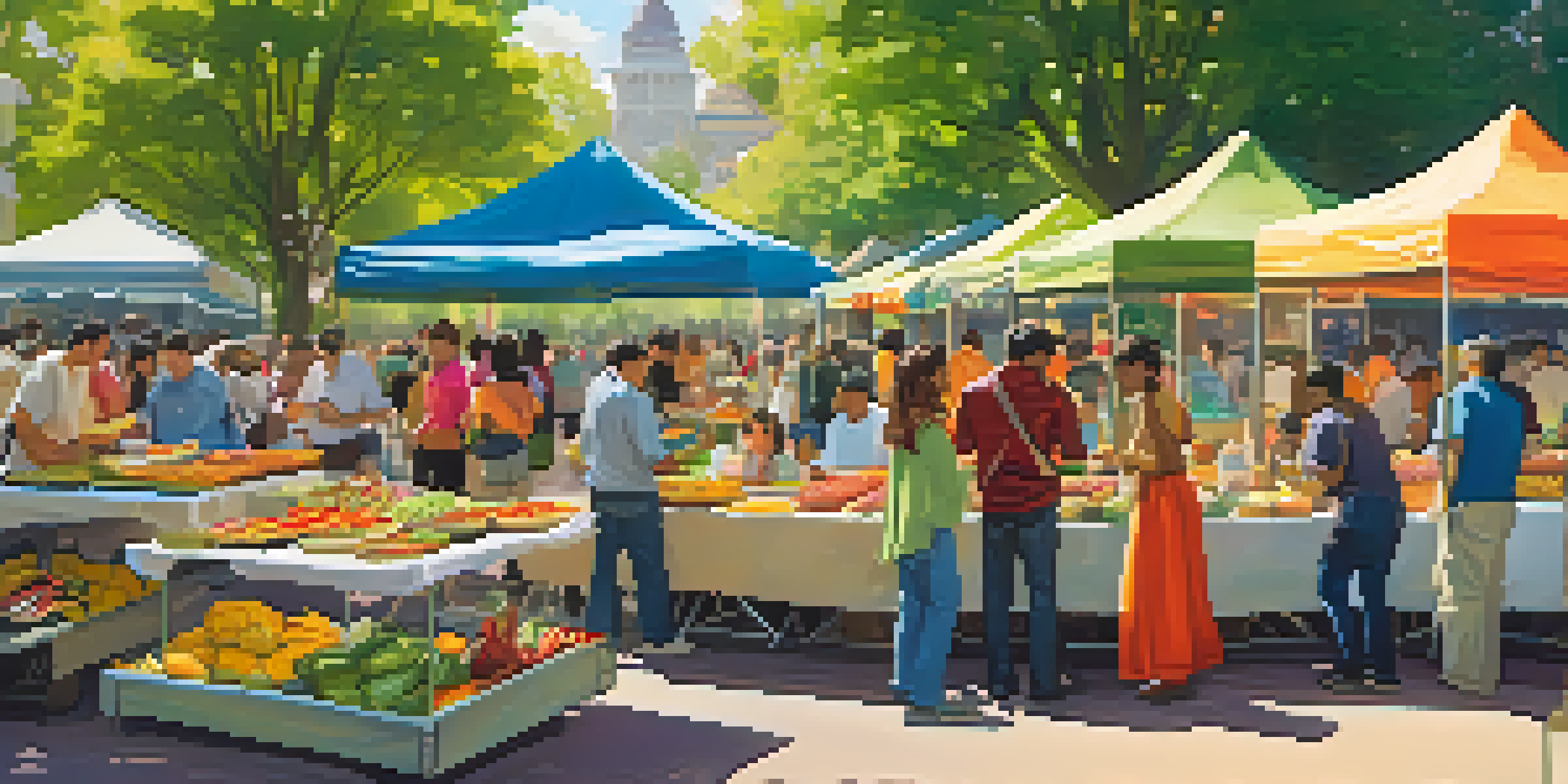 A lively outdoor food festival with diverse food stalls, people sampling dishes, and enjoying music in a sunny park.