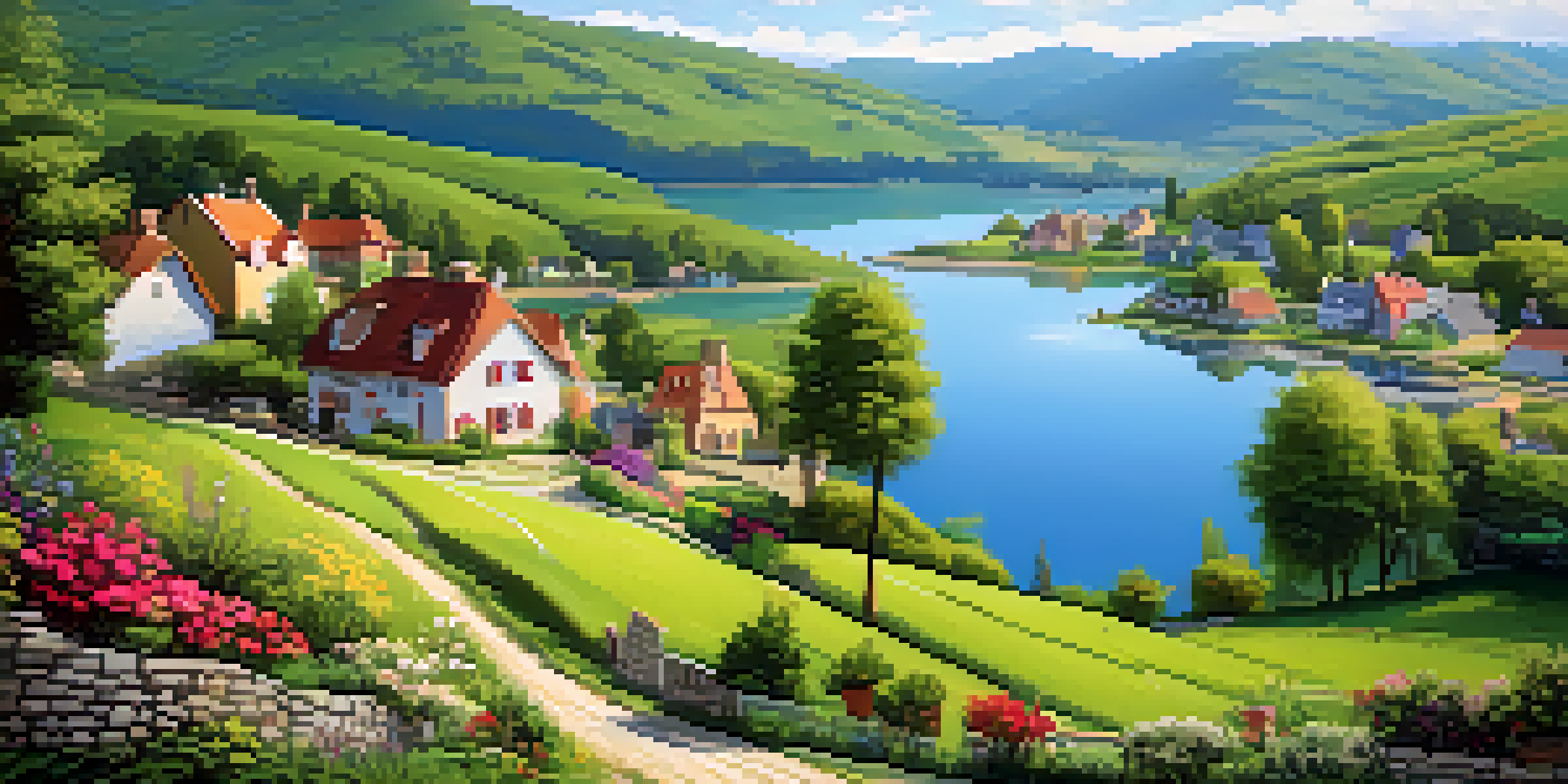 A peaceful rural scene with rolling hills, a quaint village, colorful houses with flower boxes, and a lake in the background.