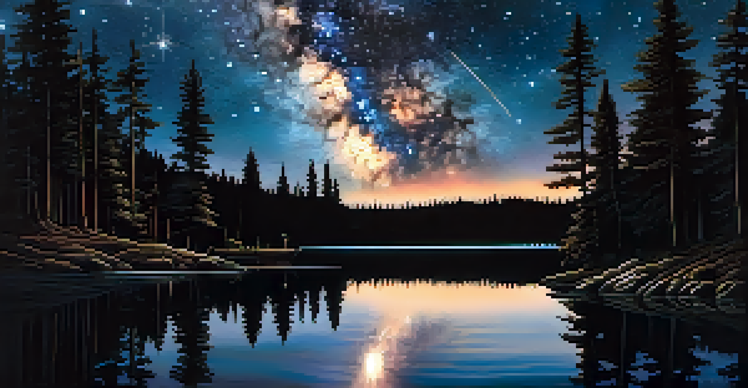 A stunning night sky filled with stars over a calm lake, with the Milky Way reflecting in the water.
