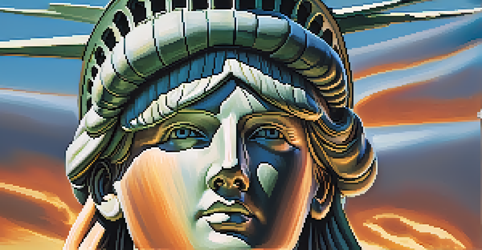 Close-up of the Statue of Liberty's torch with the New York skyline in the background, symbolizing enlightenment and freedom.
