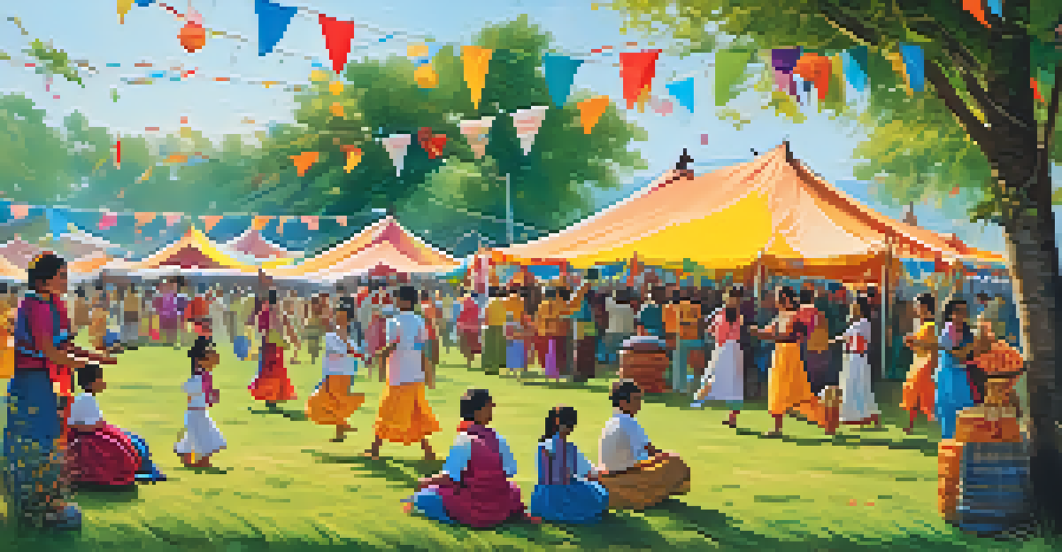 A vibrant outdoor festival with people dancing, colorful tents, and children playing in a rural setting.