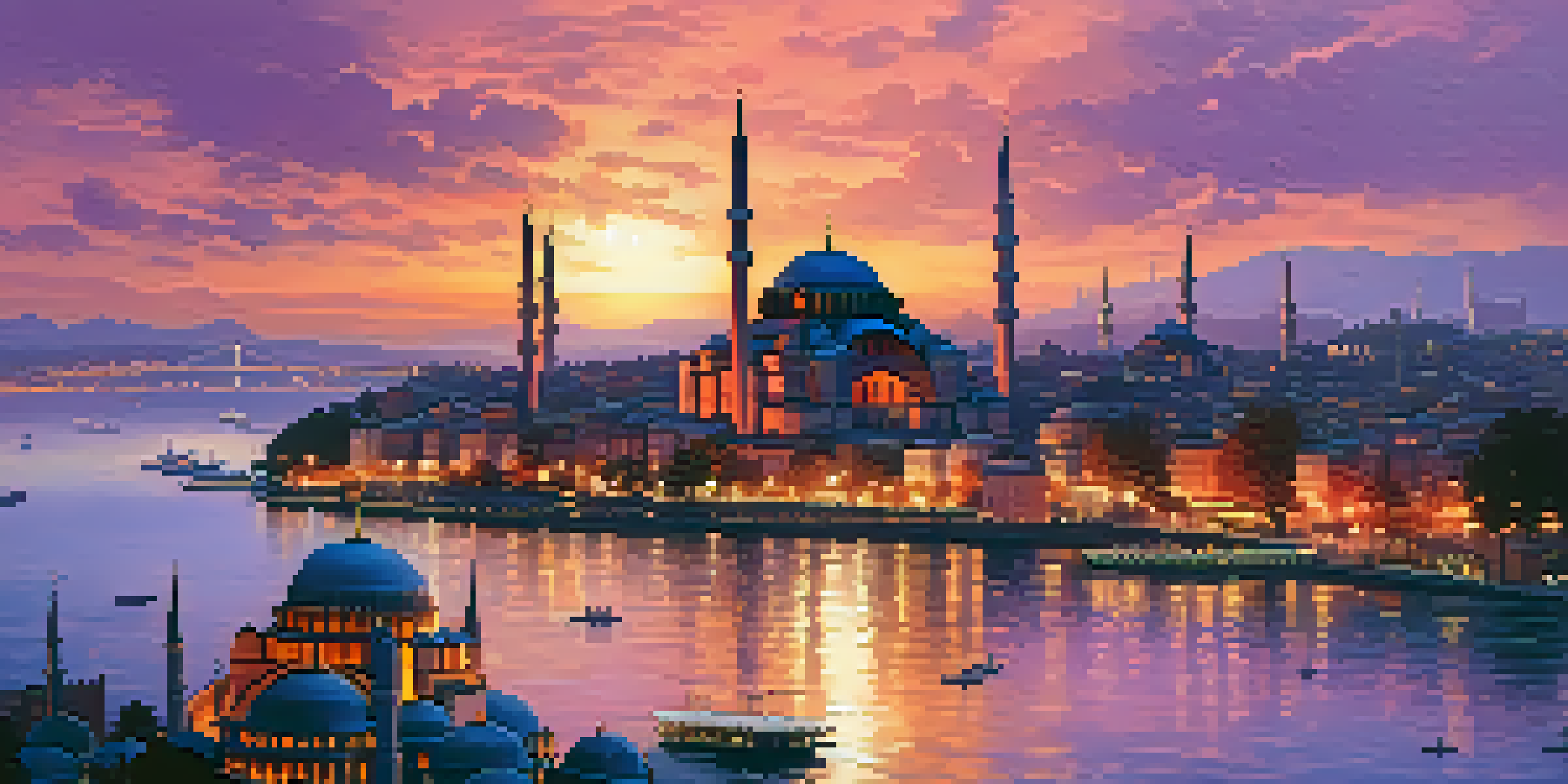 Aerial view of Istanbul's skyline at sunset featuring the Hagia Sophia and Blue Mosque, surrounded by greenery and the Bosphorus water.