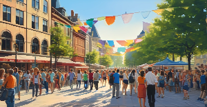 A lively city center filled with people engaged in a scavenger hunt, with historic buildings and colorful decorations.