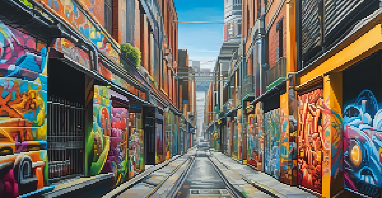 A lively Melbourne laneway filled with vibrant street art and graffiti, with people exploring the area.
