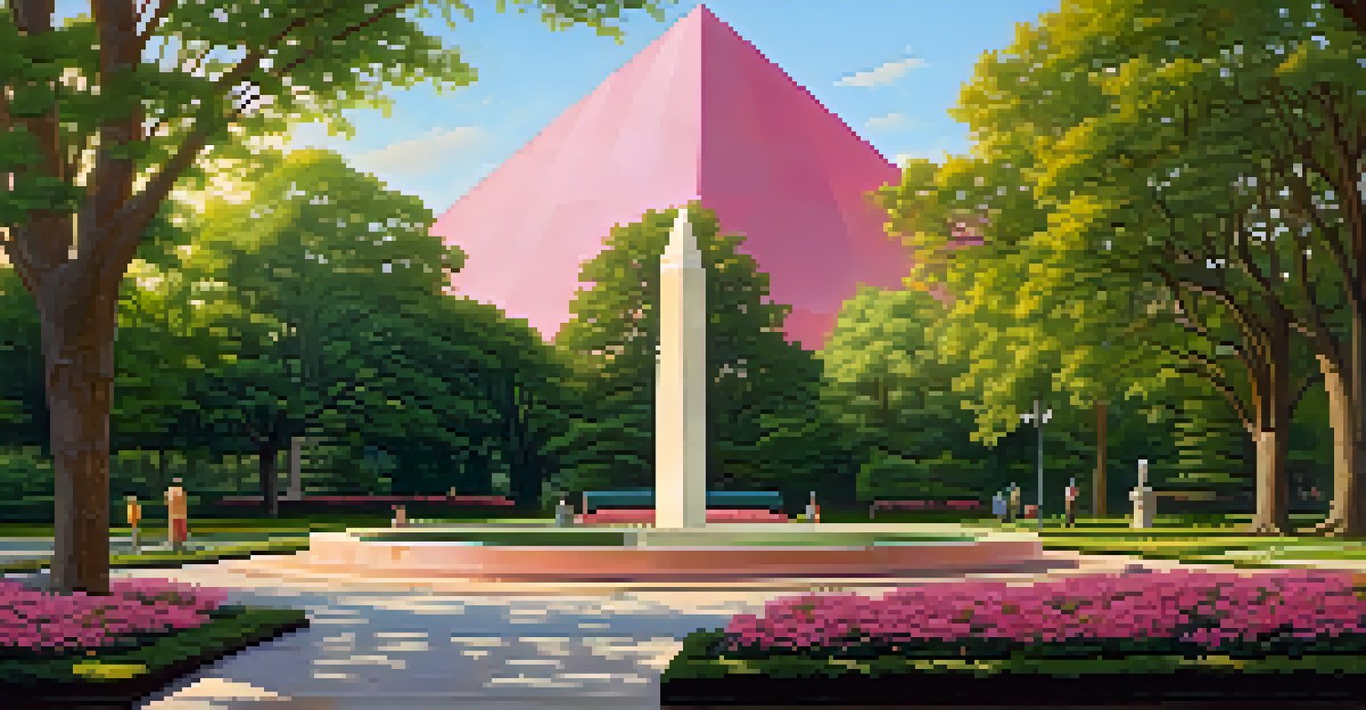 A tranquil view of Pink Triangle Park with the pink triangle memorial surrounded by greenery and flowers, illuminated by soft sunlight during golden hour.