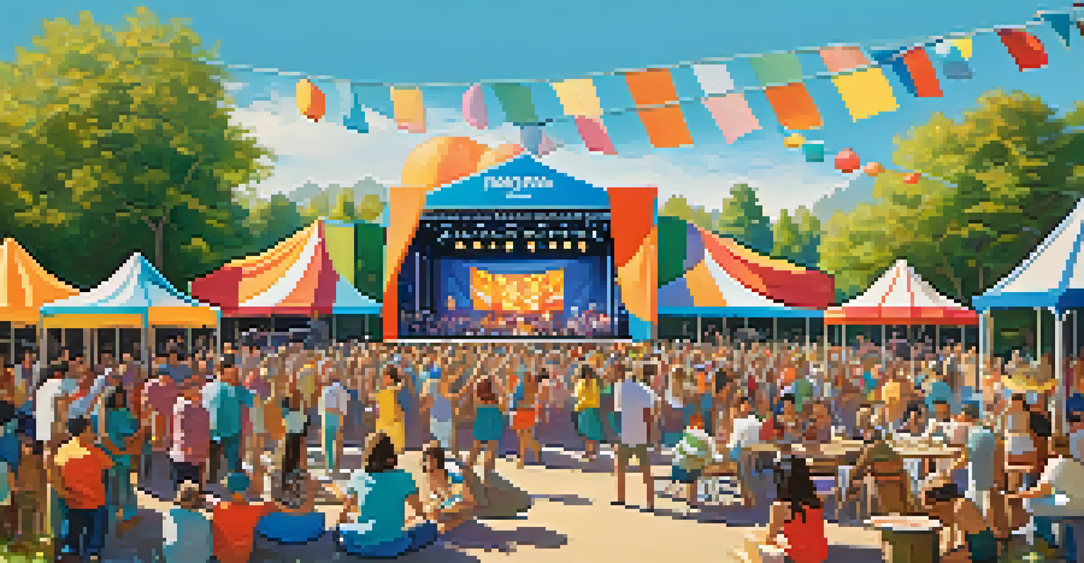 An outdoor music festival in a park with a local band performing, surrounded by a cheerful crowd and colorful decorations.