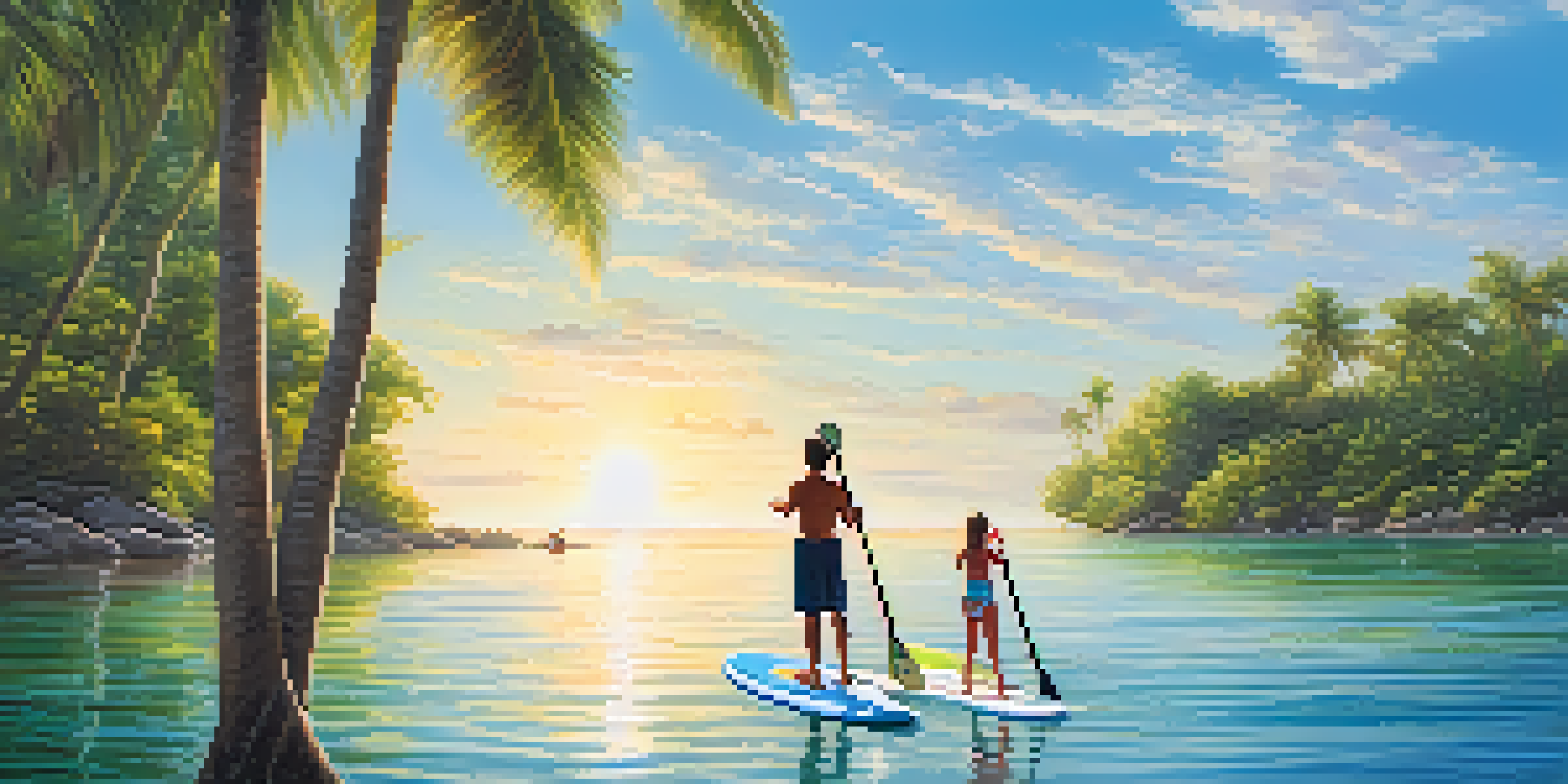 A family paddleboarding on calm waters at a beach, with children and parents enjoying a sunny day.
