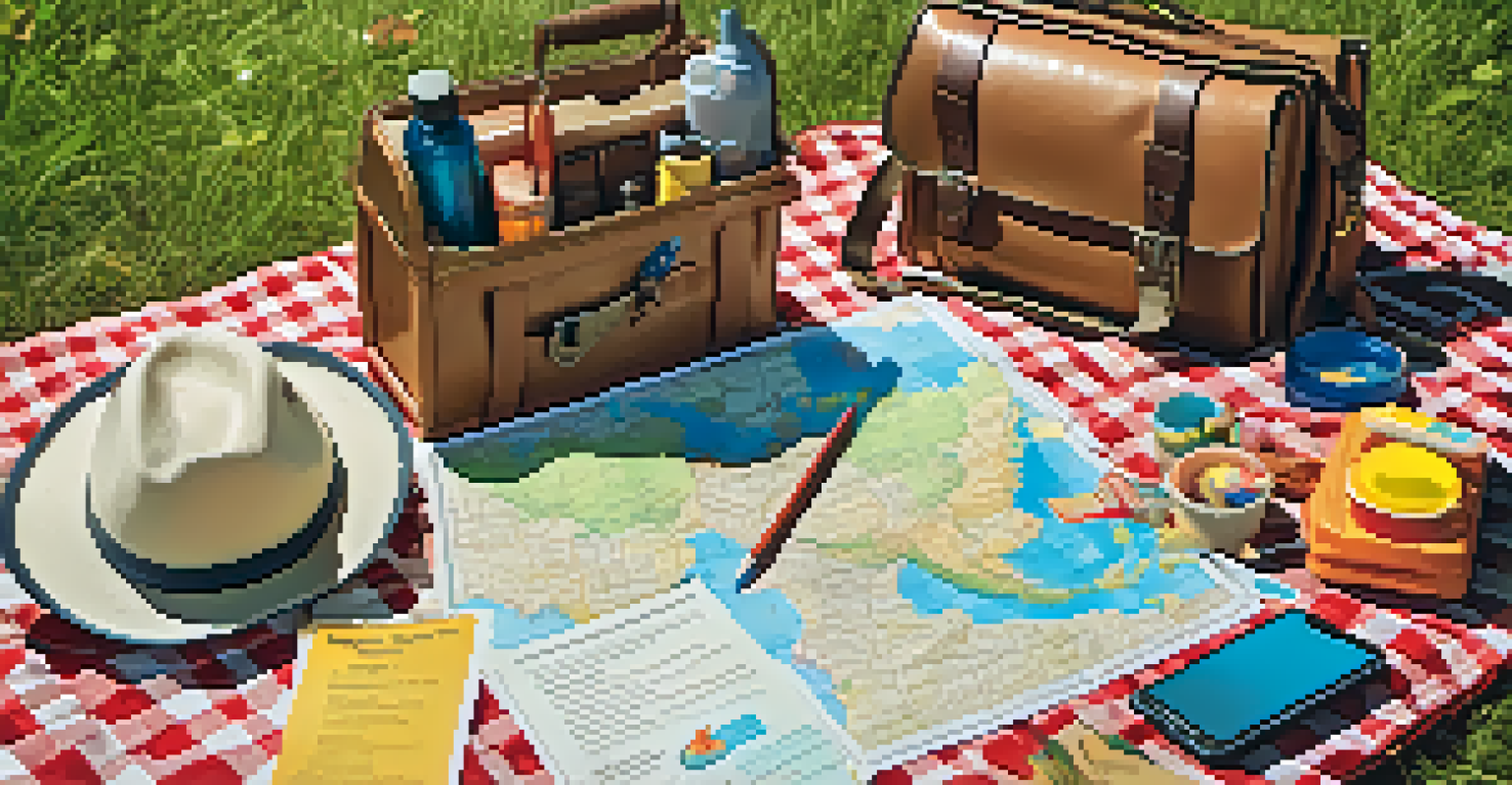 A close-up of a scavenger hunt kit on a picnic blanket, including a checklist, map, and themed props.