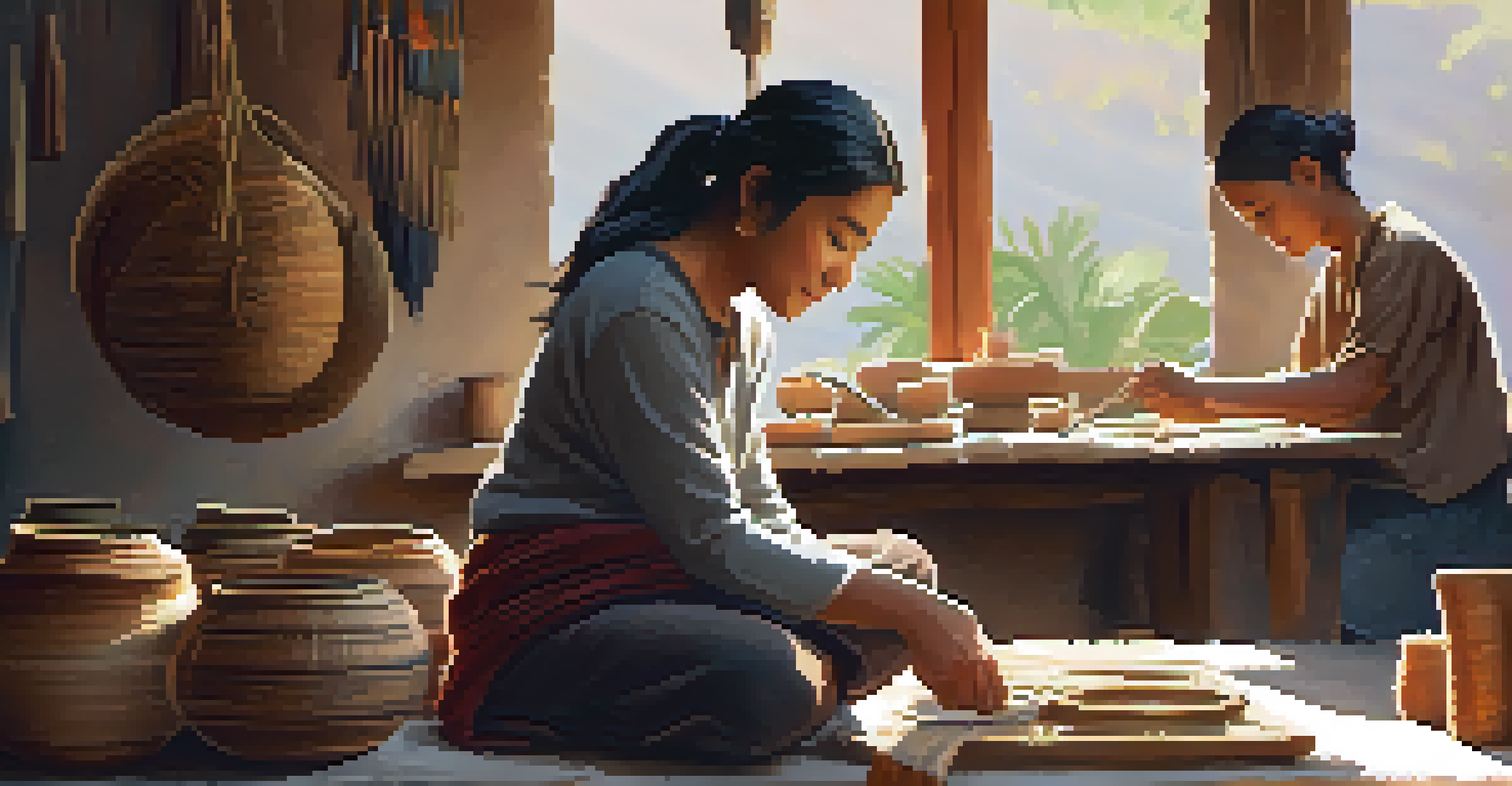 A volunteer assisting a local artisan in a sunlit workshop, showcasing handmade traditional goods.