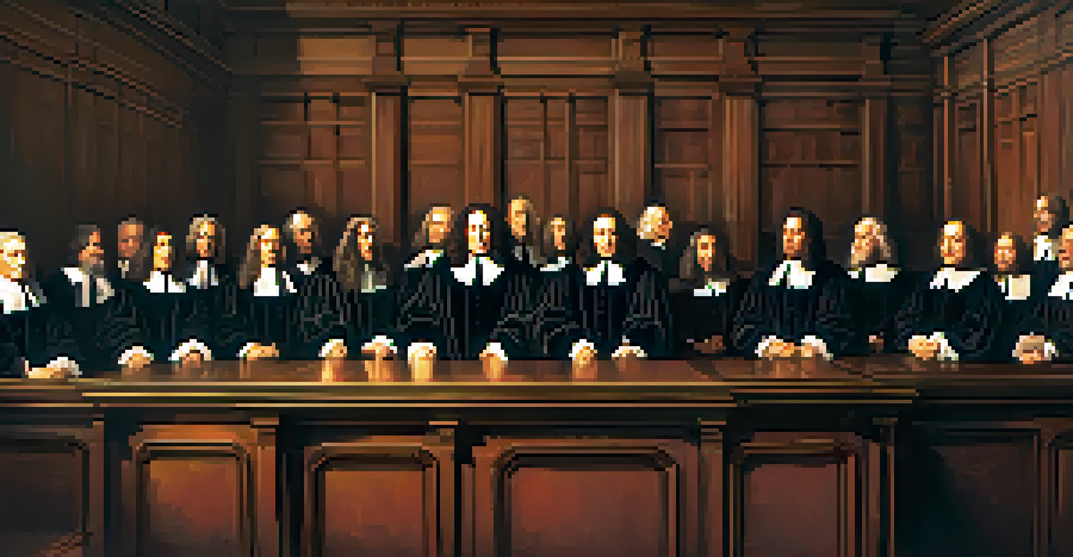 A courtroom scene in 1692 Salem with judges and court officials listening to the testimony of an accused individual, showcasing the seriousness of the witch trials.