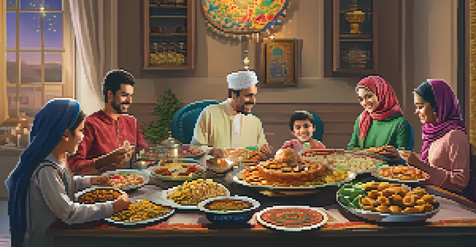 A family celebrating Eid al-Fitr around a table filled with traditional foods, decorated with festive lights.