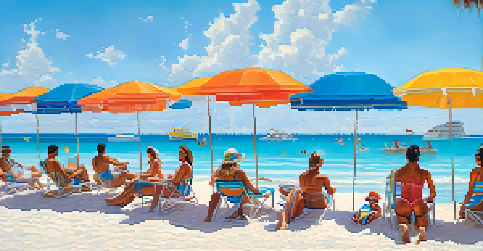 A vibrant beach scene in Cancun with people enjoying water sports and colorful umbrellas.