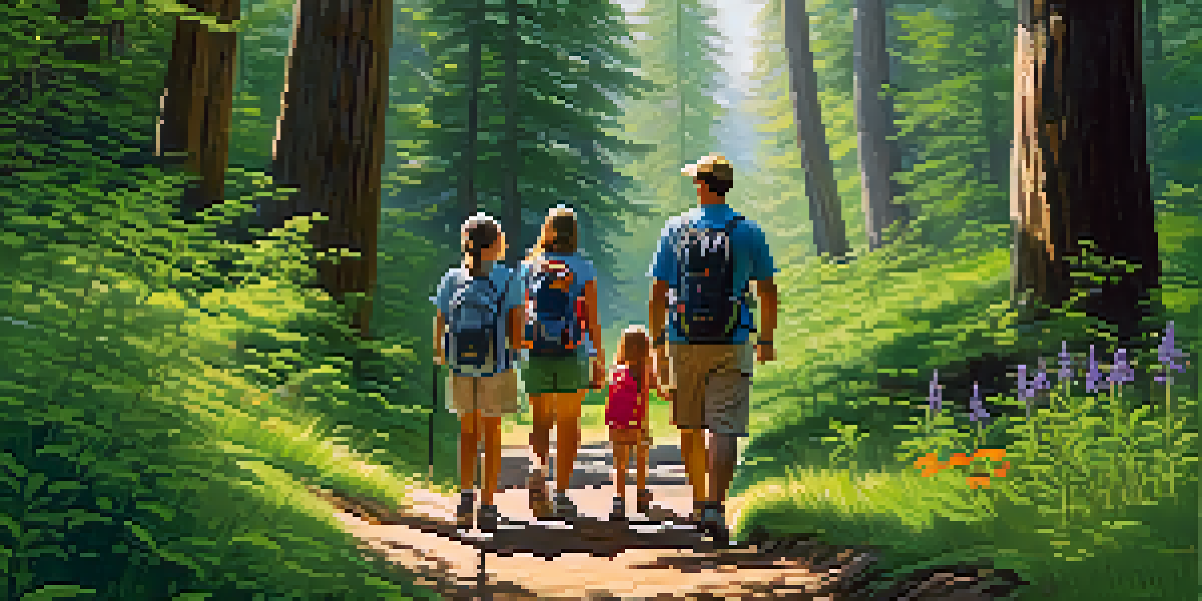 A family hiking on a trail with trees and wildflowers, enjoying nature together.