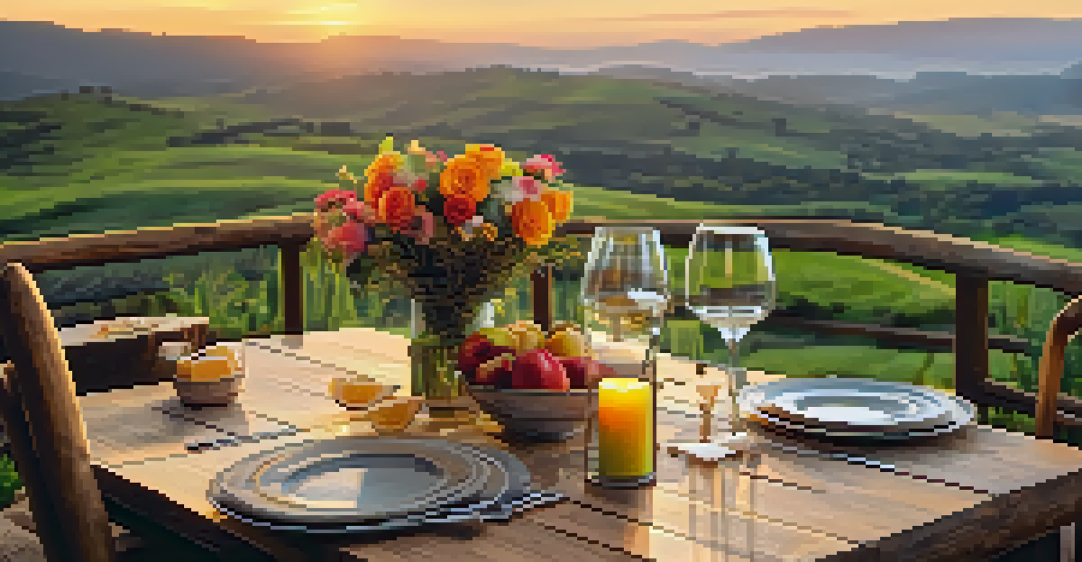 An outdoor dining table set with organic dishes, surrounded by a scenic landscape at sunset.